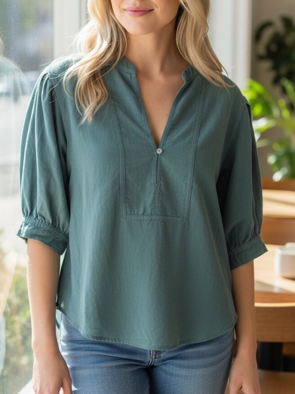 Nation LTD Sage Green Split V-Neck Puff Sleeve Blouse